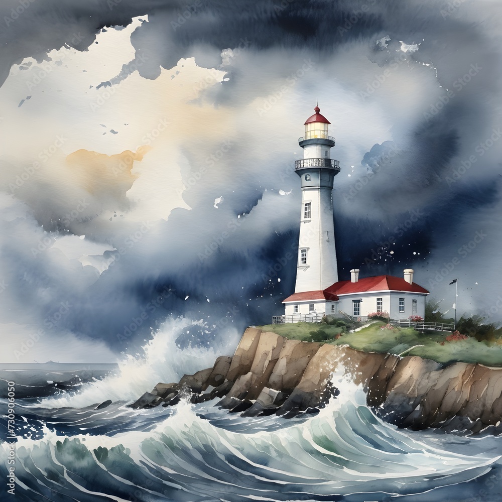 Watercolor Painting: Majestic Lighthouse overlooking Stormy Seas