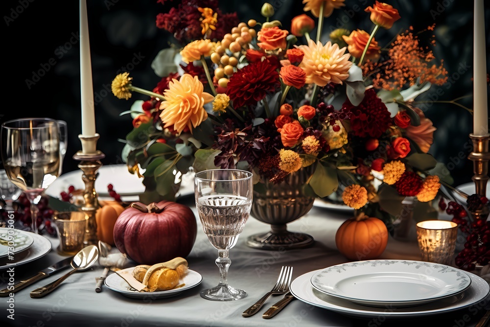 Captivating autumnal table setting adorned with exquisite plates, silver cutlery, gleaming glasses, pumpkins, and an assortment of fresh fall flowers arranged beautifully in a flat lay