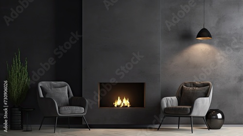 Gray velor chairs, black accent fireplace, dark plaster, empty wall. Lounge area in apartment or reception hall. Room design mockup for art. 3D render. photo