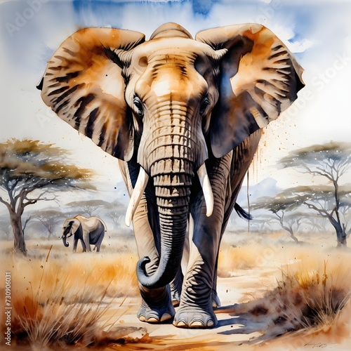Watercolor painting of a majestic elephant roaming the African savanna