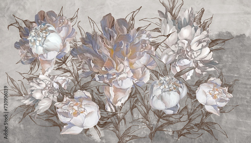 Art drawing of pastel delicate peony flowers on a textured light and dark gray background, wallpaper for the interior © Viktorious_Art
