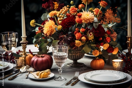 Captivating autumnal table setting adorned with exquisite plates  silver cutlery  gleaming glasses  pumpkins  and an assortment of fresh fall flowers arranged beautifully in a flat lay