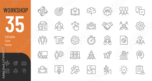 Workshop Line Editable Icons set. Vector illustration in modern thin line style of business related icon: team building, teamwork, coaching, education, and more. Isolated on white