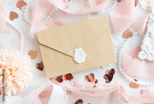 Envelope near pink decorations, hearts and silk ribbons on white table top view, mockup