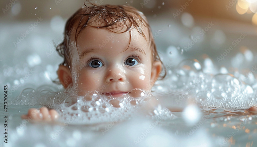Cute little baby sitting in white bathtub with foam and soap bubbles. Taking bath and playing with toys. Baby hygiene. copy space Newborn child Cute little baby sitting in white bathtub with foam and soap bubbles. Taking bath and playing with toys. Baby hygiene. copy space Newborn child
