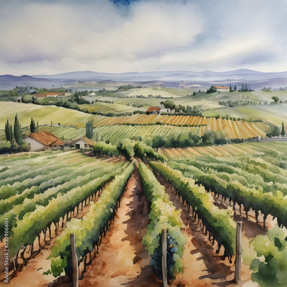 Watercolor Painting: Evoking Nostalgia with a Vineyard and Grapevines Stretching into the Distance