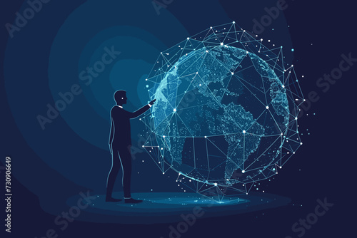 Global Business Expansion, International Market Penetration Strategy, Multinational Company Growth Concept, Businessman Pushing World Globe to Connect International Market Dots. photo
