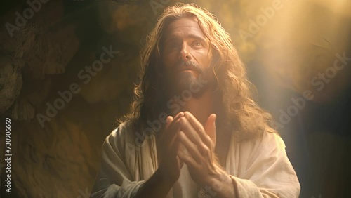 Jesus Christ in the cave begging or praying photo