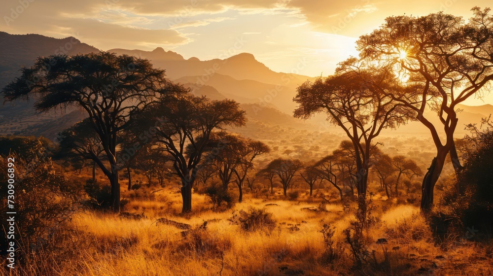 Fototapeta premium African savannah landscape at sunset, with acacia trees and distant mountains bathed in the golden light
