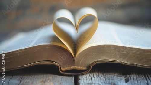 Bible on table with pages folded into heart shape