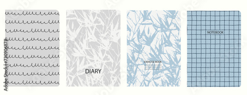 Set of cover page templates with hand drawn flowers, branches, leaves. Based on seamless patterns. Backgrounds for notebooks, notepads, diaries. Headers isolated and replaceable