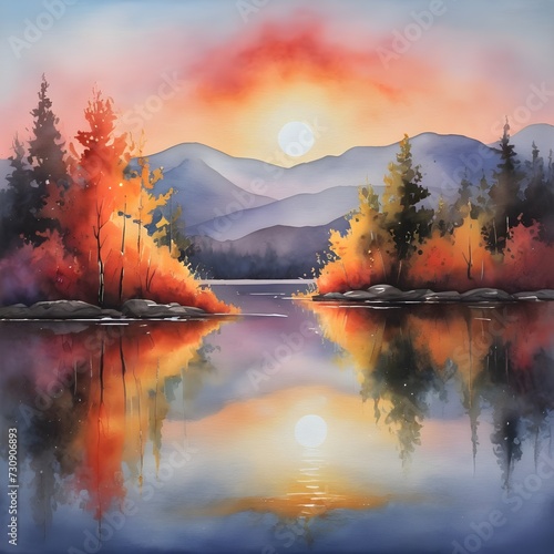 Watercolor Painting: Serene Lake Reflecting Fiery Colors of Summer Sunset