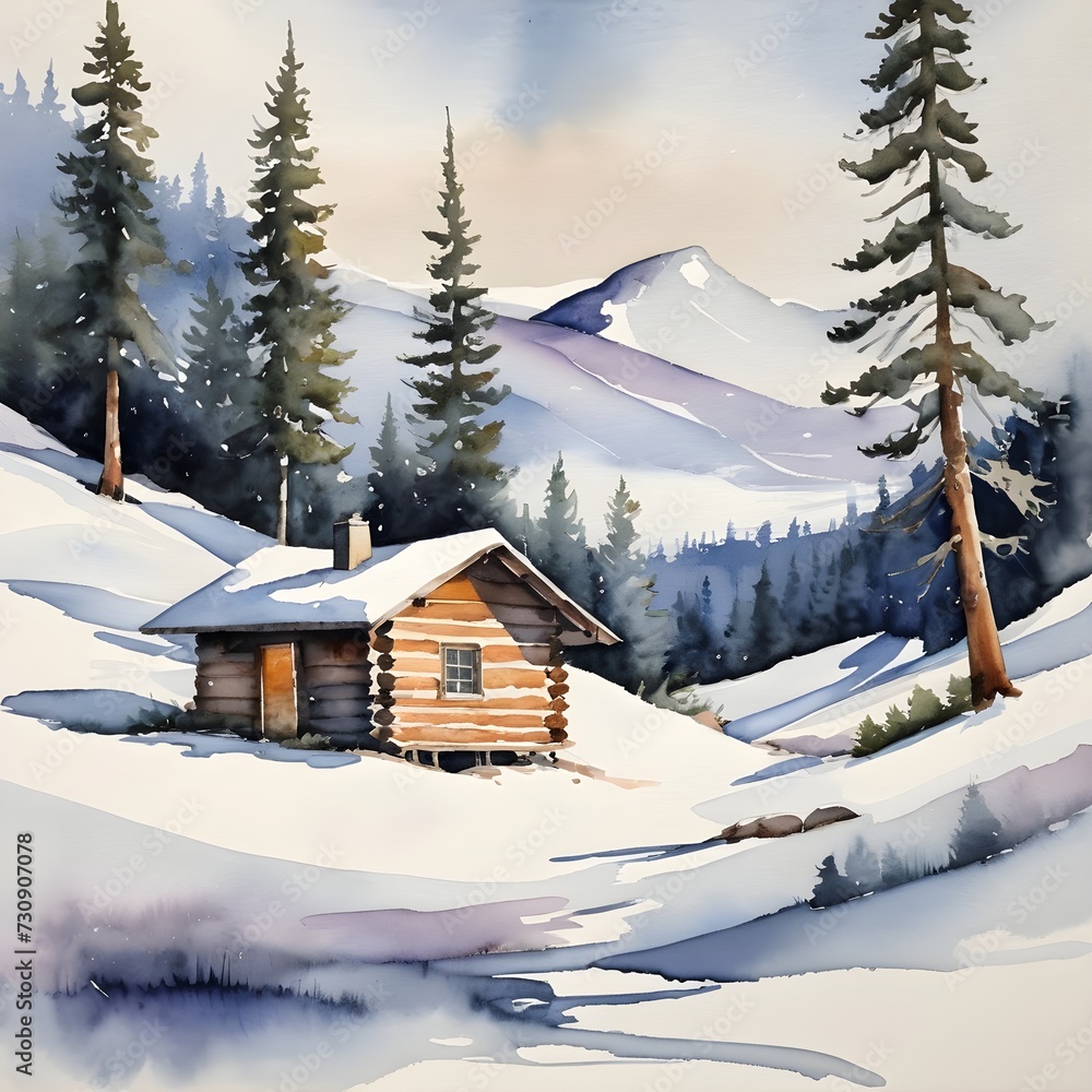 Watercolor Painting of a Serene Snowy Landscape with a Lone Cabin Nestled among Pine Trees