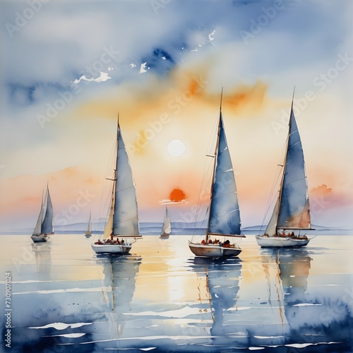 Watercolor Painting: Serene Seascape with Sailboats Gliding on the Horizon © Lucas