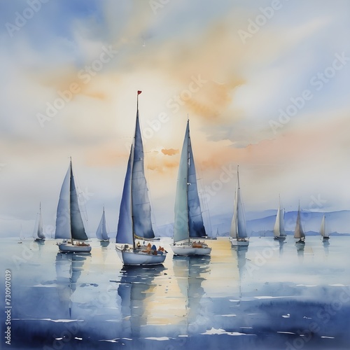 Watercolor Painting: Serene Seascape with Sailboats Gliding on the Horizon © Lucas