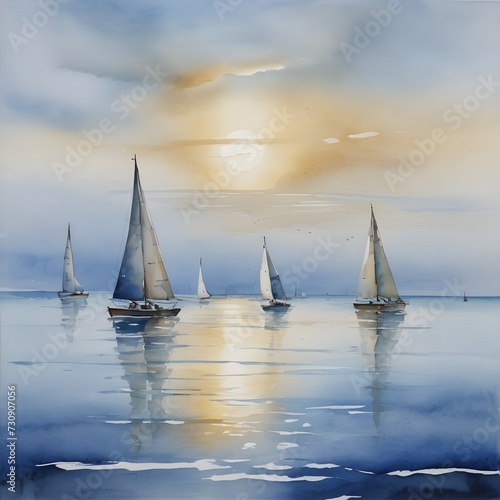 Watercolor Painting: Serene Seascape with Sailboats Gliding on the Horizon