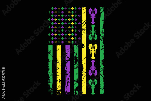 Mardi Gras US American flag with crawfish New Orleans T-Shirt Design
