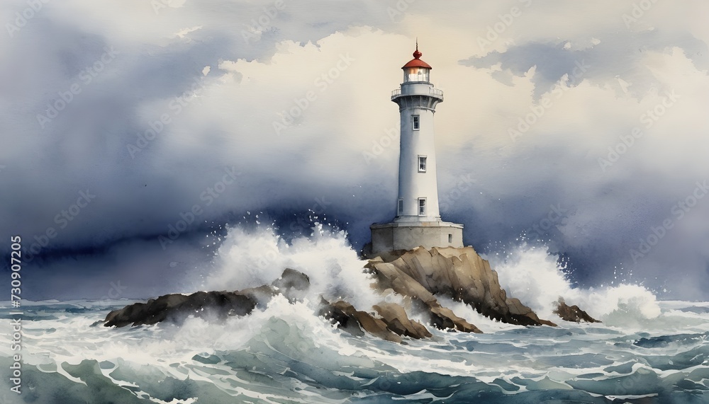 Watercolor Painting: A Solitary Lighthouse Standing Tall against Crashing Waves