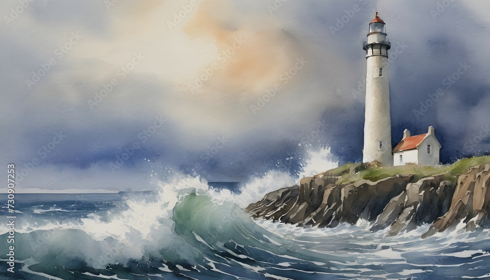 Watercolor Painting: A Solitary Lighthouse Standing Tall against Crashing Waves