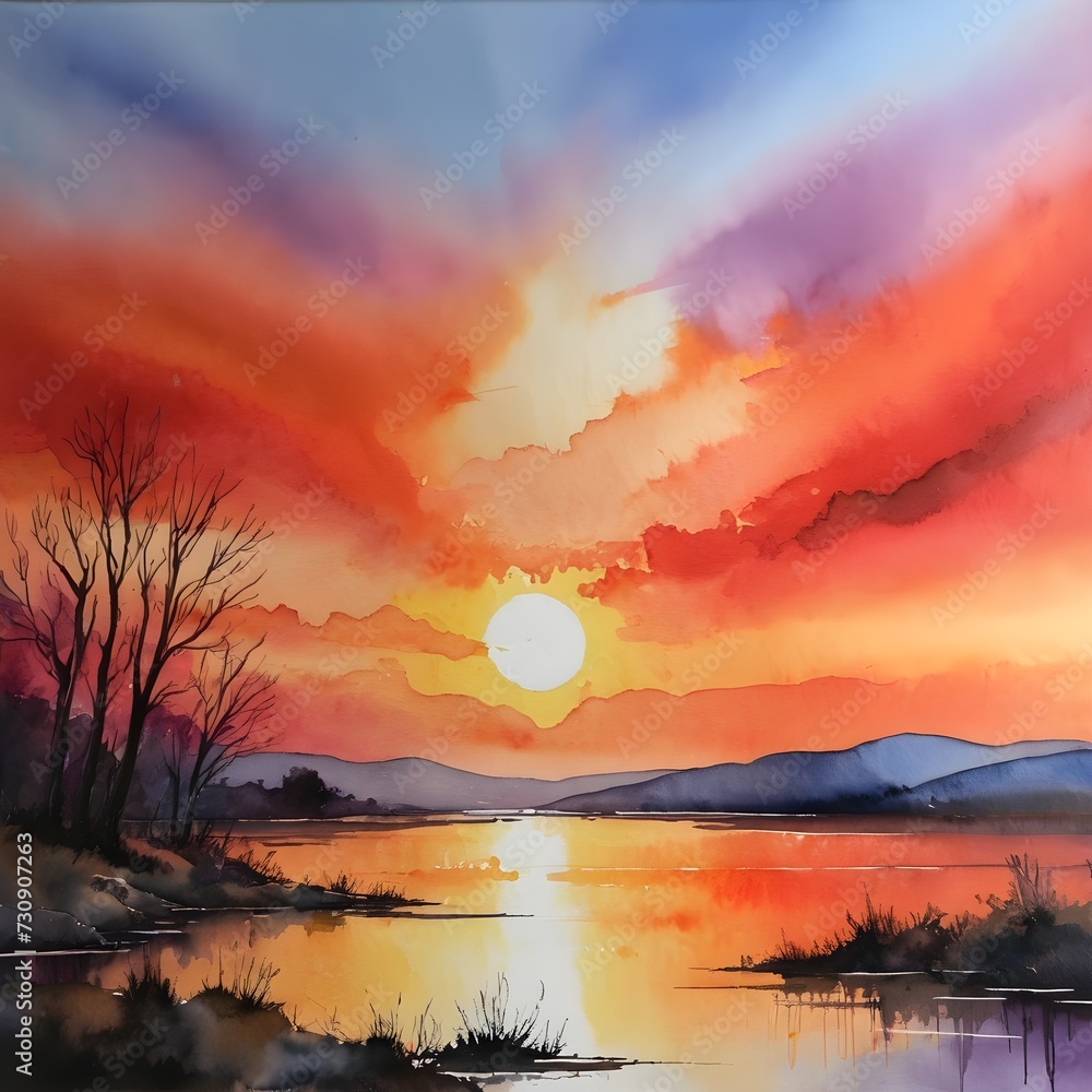Watercolor Painting: A Stunning Sunset Casting Warm Hues across the Sky