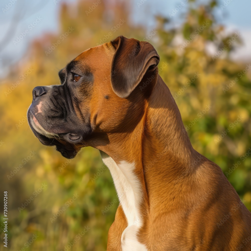 Profile portrait of a purebred Boxer dog in the nature. Boxer dog portrait in a sunny summer day. Outdoor Portrait of a beautiful Boxer dog in a summer field. AI generated