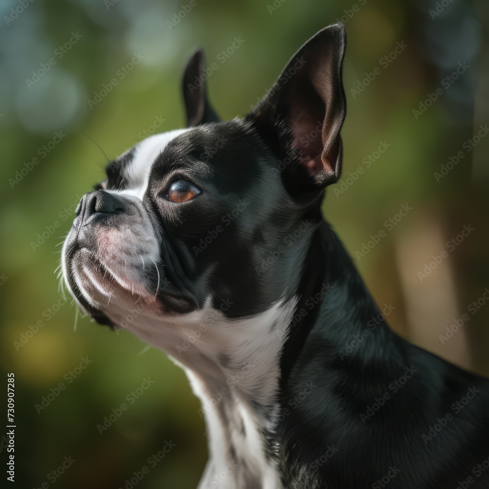 Profile portrait of a purebred Boston Terrier dog in the nature. Boston Terrier dog portrait in a sunny summer day. Outdoor Portrait of a beautiful Boston Terrier dog in a summer field. AI generated