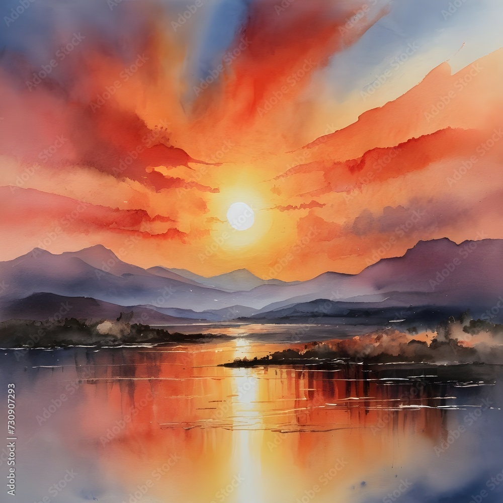 Watercolor Painting: Stunning Sunset Casting Warm Hues across the Sky