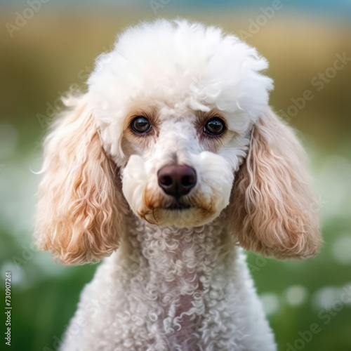 Poodle dog portrait in a sunny summer day. Closeup portrait of a purebred Poodle dog in the field. Outdoor Portrait of a beautiful Poodle dog in summer field. AI generated © Valua Vitaly