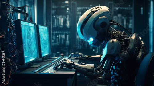 Humanoid robot working with a computer in a dark room. Robot typing on a computer in a server room at night. Technology and AI concept Cyborg sitting in front of a computer. 3D rendered. AI Generated