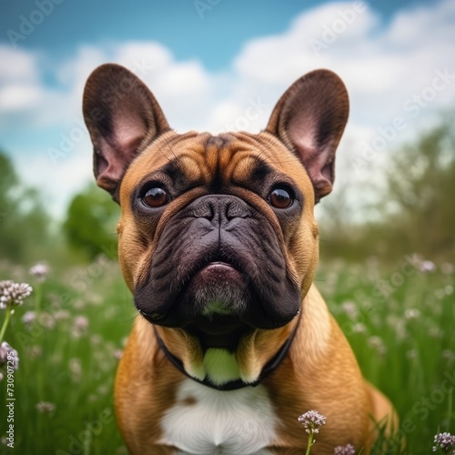 French Bulldog dog portrait in a sunny summer day. Closeup portrait of a French Bulldog dog in the field. Outdoor Portrait of a beautiful French Bulldog dog in summer field. AI generated © Valua Vitaly
