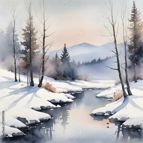 Watercolor Painting: A Tranquil Snow-Covered Landscape with Minimalist Trees and Soft, Muted Colors © Lucas