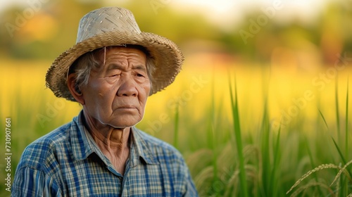 Elderly farmer with headache standing in Thai rice field