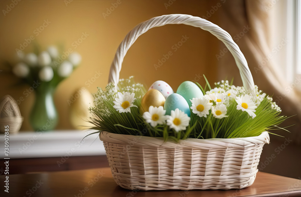 Straw bright basket with colored easter eggs, bouquet of white daisies flowers and grass on light kitchen table near window. Festive spring vertical card. Selective focus.