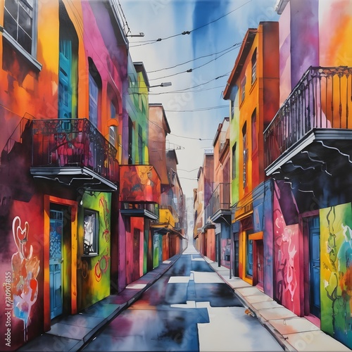 Watercolor Painting of a Vibrant Street Art Mural Adorning a City Wall