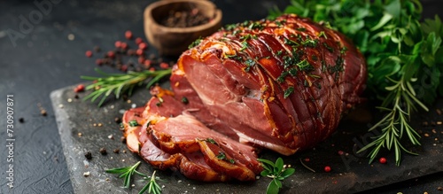Organic farm's natural smoked ham with herbs and spices, placed on a concrete table. photo