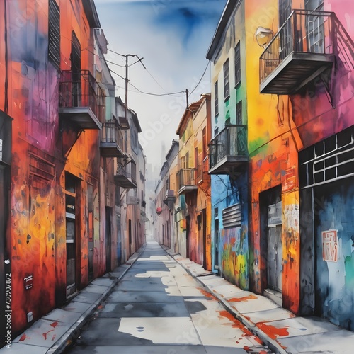 Watercolor Painting: Adorning a Vibrant Street Art Mural on a City Wall