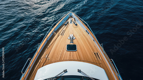 bow of modern sea yacht with teak wood deck, top view