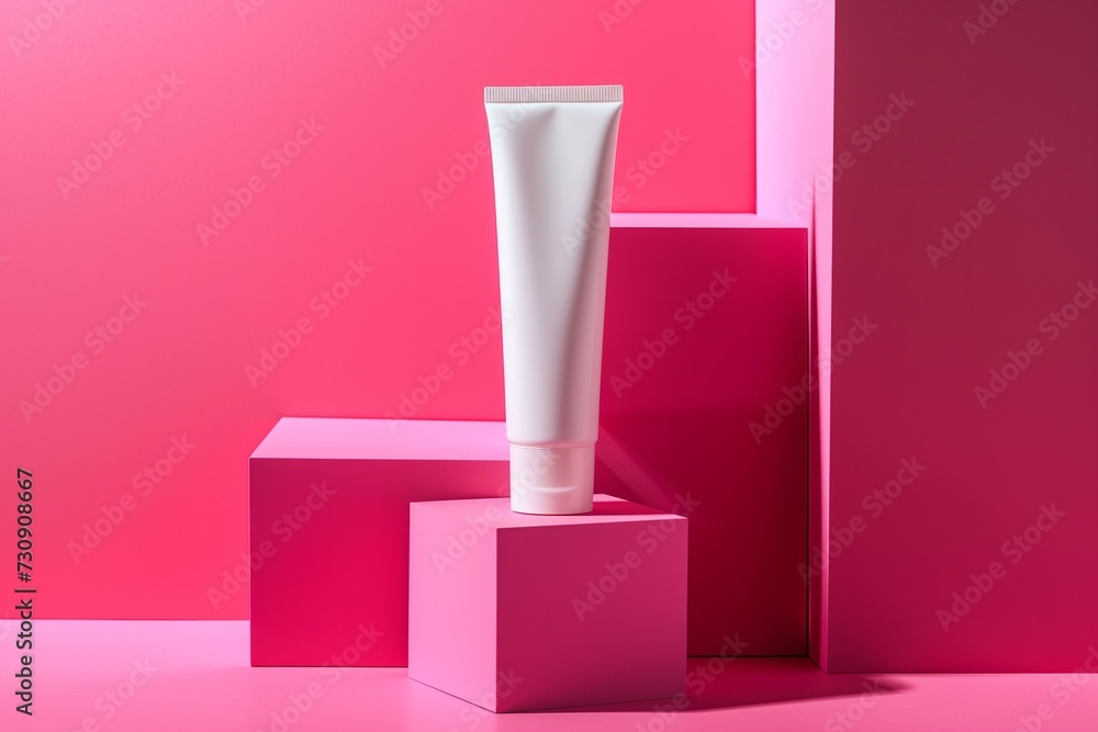 blank white tube of cream standing on a bold pink cube blank white tube of cream standing on a bold pink cube