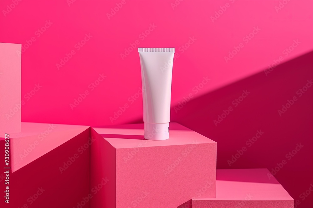 blank white tube of cream standing on a bold pink cube blank white tube of cream standing on a bold pink cube