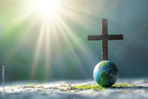 The Cross of Jesus Christ stands superimposed on an Earth globe, with rays of light on a white background, symbolizing the worldwide mission to spread the word.