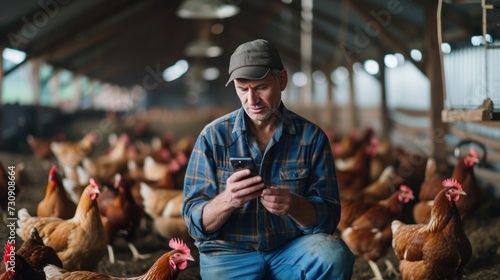 Male farmer with headache standing using mobile phone in chicken farm photo