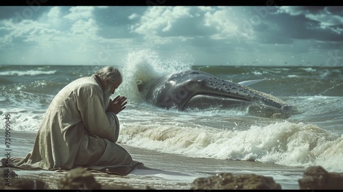 The Old Testament prophet Jonah was praying on the beach with whales visible in the ocean behind him. photo