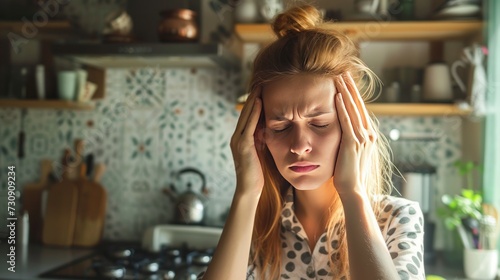 Woman with a headache in the kitchen