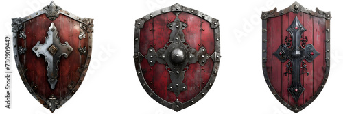 Set of Red Medieval Knight Shields with Silver Detailing Isolated on Transparent Background