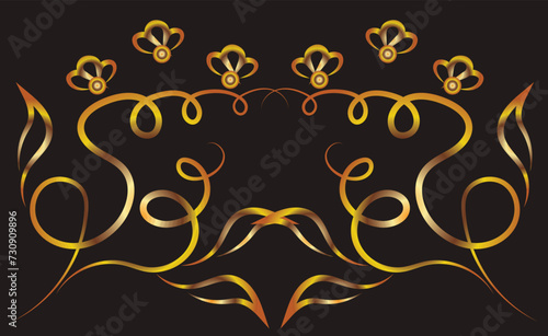 Fantasy ornament with flowers and leaves. Ornament, applique, background. Gold gradient on a black background for printing on fabric, applique and cards.