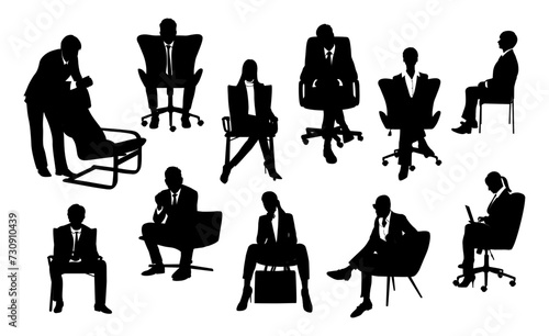 Silhouettes of business people sitting, men and women sit on armchair, office chair with laptop, tablet, front, side view. Vector illustration isolated black on white background. Icons set, bundle. photo
