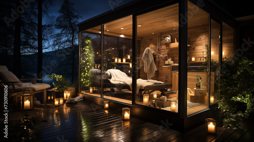 Panoramic view of nice dark stylish modern bedroom at night