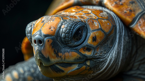 Close up turtle on dark background. 