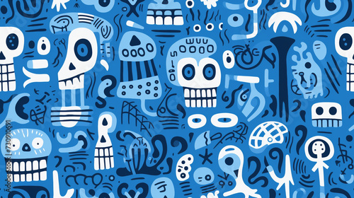Seamless repetitive pattern abstract illustration of mexican skulls figures. Day of the dead. Wallpaper. Background. © MadSwordfish