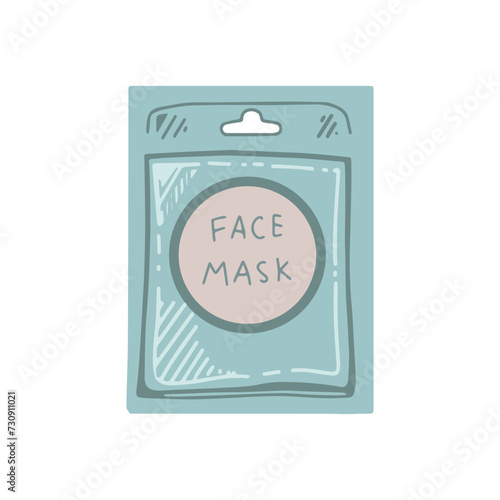 Hand-drawn face mask in a package, beauty cosmetic element, self care. Illustration for beauty salon, cosmetic store, makeup design. Colored flat style.